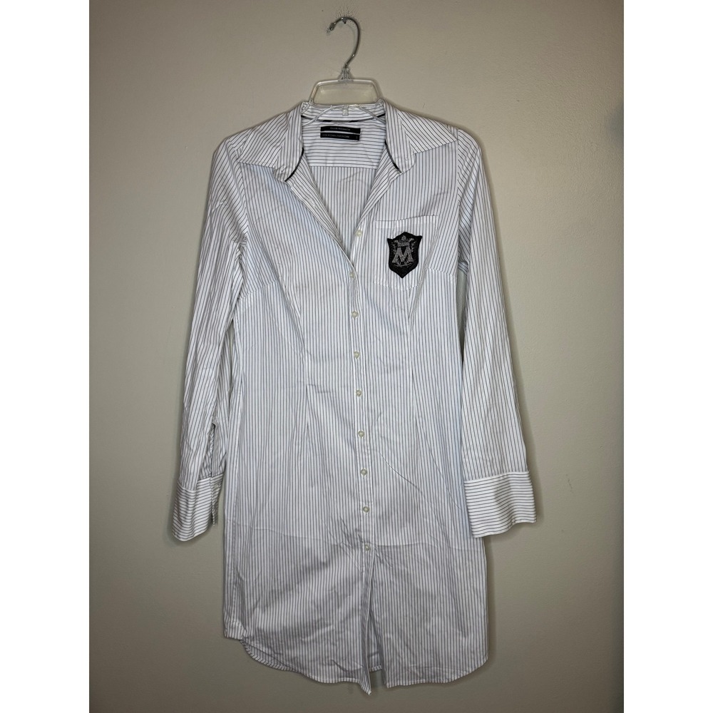 Club Monaco Womens Pinstripe Crest Patch Long Sleeve Shirt Dress White Navy 2